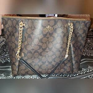 Coach Brown Signature Chain-Accent Tote